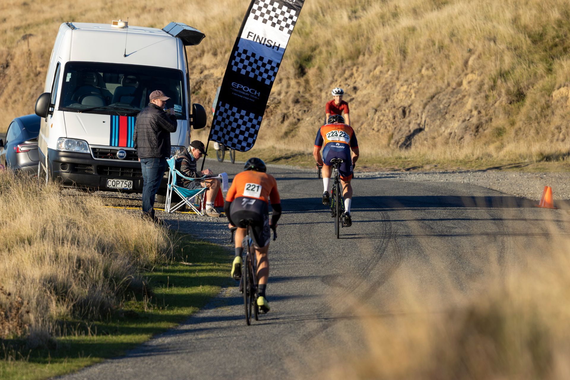 Riders approach the finish at the 2026 EPOCH Canterbury Tour