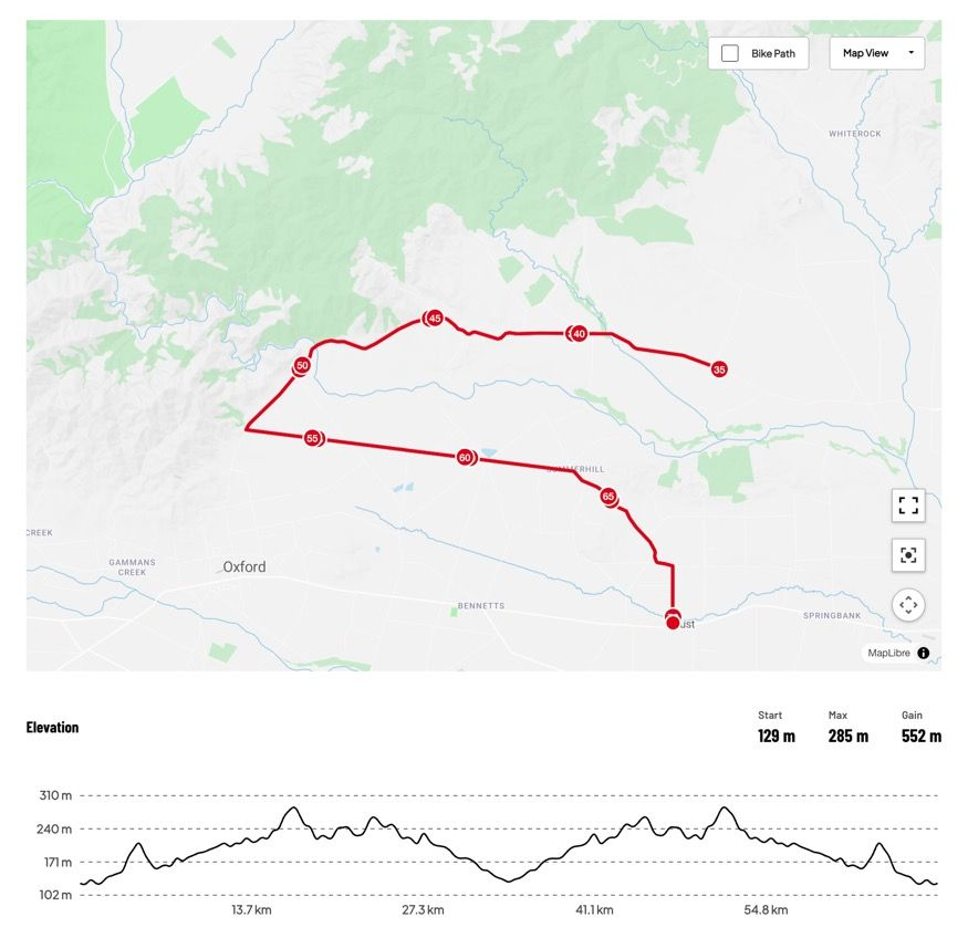 Existing course map for Afternoon road stage; 2027 details to be confirmed